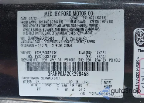 2012 Ford Fusion Sel z USA, uszkodzony, nr VIN 3FAHP0JA2CR298468